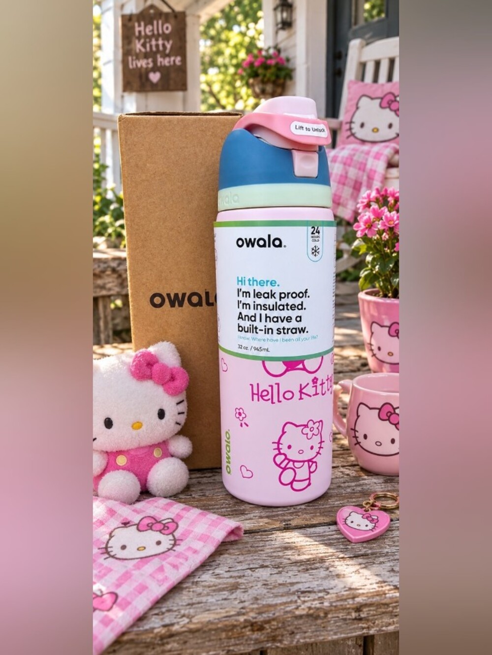 Owala NWT/BOX Hello Kitty Pink  Insulated Water Bottle with Built-In Straw